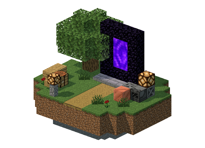 A voxel scene built from Minecraft blocks: an oak tree, crafting table and path to a Nether portal, beside a Mekanism workshop.